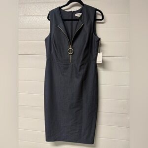 Calvin Klein Dark Navy Midi Sheath Dress with Gold Ring Zip